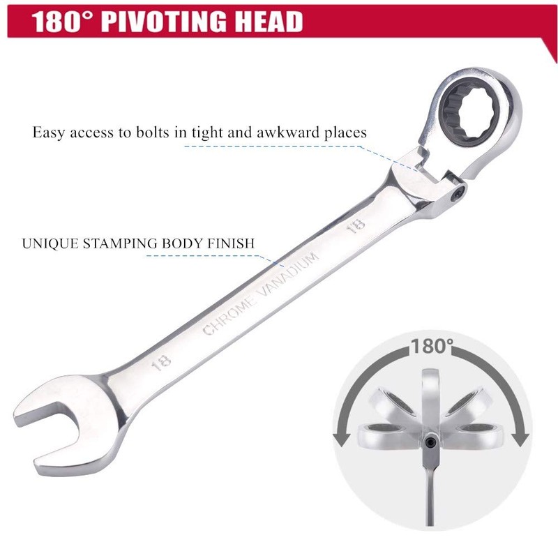 通用 FLZOSPER 18mm Metric Flex-Head Gear Wrench,Box End Head 72-Tooth