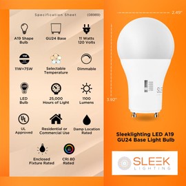 SLEEKLIGHTING | 11w, 75W Eq, GU24 Base LED 2 Prong Light Bulbs, UL Approved, 120v, Mini Twist Lock, 5CCT (2700K-5000K) Dimmable - Replaces Spiral Self Ballasted CFL Two Pin Fluorescent Bulbs (4PK)