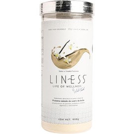 LINESS Proteína de Suero de Leche WPI 90% 25g Proteína por Porción Sin Azúcar, Sin Lactosa, Sin Gluten y Sin GMO Con Probióticos y Enzimas Digestivas Sabor Vainilla 30 Porciones 900g