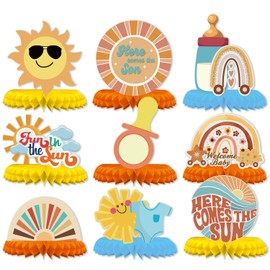 LOONELO Here Comes The Son Honeycomb Centerpieces, 9pcs Boho Retro Sunshine Welcome Baby Shower Table Topper for Table Sunshine Baby Shower Supplies Retro Rainbow Baby Shower Decoration