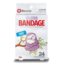 BioSwiss Kids Bandages | 24pcs Self-Adhesive Sterile Unique Shaped Bandages Colorful Funny Cute Toddler Girls & Boys, Adults First Aid, Protect Scrapes and Cuts | Wellness for Everyone (Sloth)