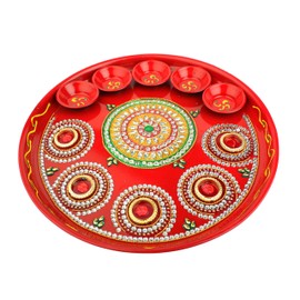 Decorative Pooja Thali with Bowls Plate Platter Decorative Steel Puja Thali with Essential Pooja Articles for Aarti Rituals Festival Wedding Decorations Traditional Ganesha Ganpati (Size- 10")(Red)