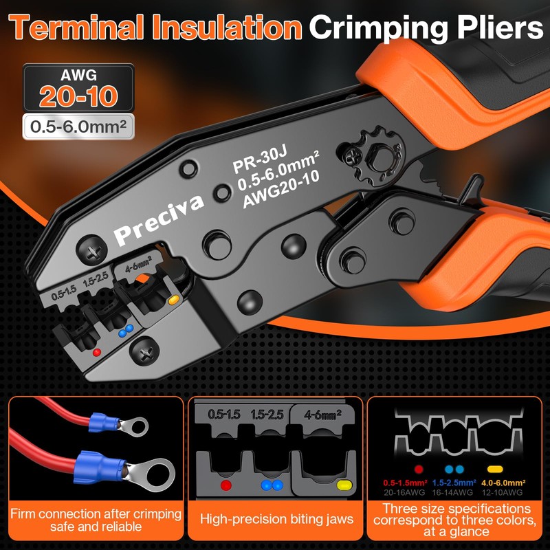 Preciva Crimping Tool for Insulated Terminals Wire Connectors, AWG20-10 Ratchet