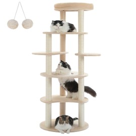 PETEPELA 61" Cat Tree for Indoor Cats, [6-Levels] Cat Climbing Tower with 9 Sisal Scratching Posts and Replacable Dangling Ball &Top Perch, Beige