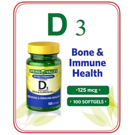 Spring Valley D3, Vitamin D3 Softgels, 5000 IU, 100 Count, Spring Valley 125 mg