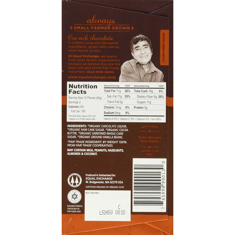 Equal Exchange Organic Very Dark Chocolate, 2.8 Ounce, Pack of