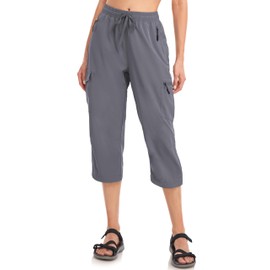 VEOBIKE Women’s Cropped Pants for Summer Outdoor Elastic Waist Stretch Petite Cargo Hiking Capri Pants Loose Fit
