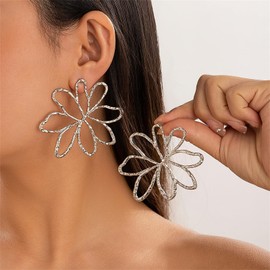Gold Flower Earrings,Chunky Exaggerate Punk Floral Drop Earrings Big Hollow Flower Dangle Earrings Large Wire Frame Flower Hoops Earring Daisy Flower Dangle Earrings Elegant Pearl Floral Earrings (Silver)