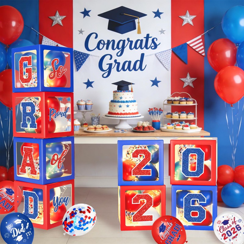 2026 Graduation Decorations, Red and Blue Graduation Decorations, Balloons Boxes