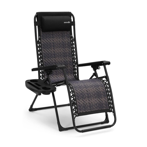 SereneLife Adjustable Rattan Zero Gravity Lawn Recliners w/Removable Pillows and Cup Holder Side Tables, Single Chair