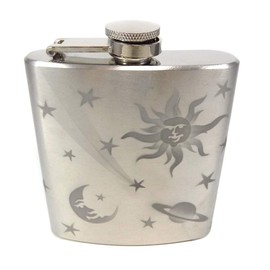 IncisoArt Hand Etched Stainless Steel Flask Sandblasted (Sand Carved) Upgraded 304 SS with Funnel (6 Ounce, Sun Moon Star Planet)