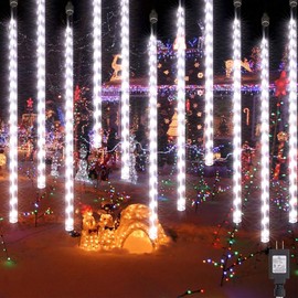AWQ 360LED 10 Tubes Meteor Shower Lights Waterproof Falling Rain Drop Christmas Lights Plug in for Indoor & Outdoor Holiday Garden Tree Christmas Party Home Decor (White)