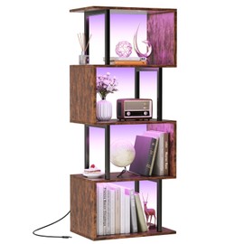 Furologee 5 Tier Geometric Bookshelf with LED Light, Small S-Shaped Bookcase, Industrial Display Standing Shelf, Metal Wooden Decorative Storage Shelves for Bedroom, Living Room, Office, Rustic Brown