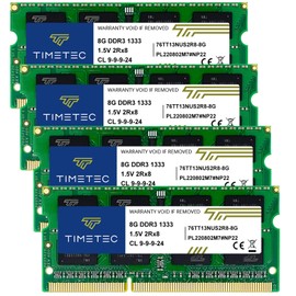 Timetec 32GB KIT(4x8GB) DDR3 / DDR3L 1333MHz PC3-10600 Non-ECC Unbuffered 1.5V / 1.35V CL9 2Rx8 Dual Rank 204 Pin SODIMM Laptop Memoria RAM Módulo para Actualizacion para PC Computadora Portatil Notebook(32GB KIT(4x8GB))