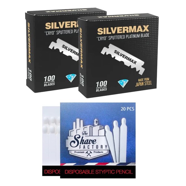 2x 100 single edge razor blades Silvermax Cryo Sputtered Platinum + 20 hemostatic matches The shave factory