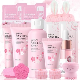 Sakura Facial Cleansing Skincare Set, 23 Pieces Sakura Face Care Set, with Cleanser, Toner, Eye Serum, Serum, Cream, Mud Mask, Sleeping Eye Mask, Travel Set, Face Care Set