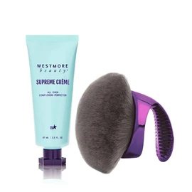 Westmore Supreme Crème Coverage Set: Waterproof Hydrating Foundation & Concealer (100ml) with Hyaluronic Acid, Niacinamide + Blending Brush, color-Medium