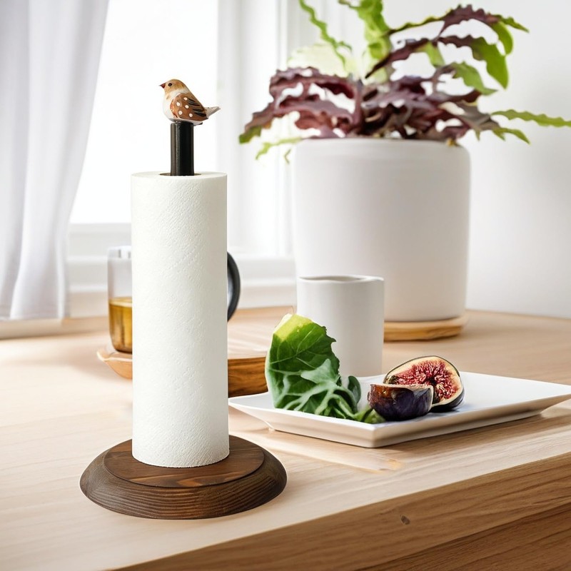Rustic Hand-Carved Wooden Bird Paper Towel Holder - Freestanding Detachable