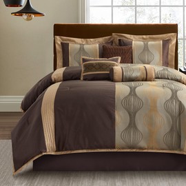 LANCO MODERN LIFESTYLE Queen Comforter Set, Brown, 7 Pieces Bed in a Bag, Ultra Soft Jacquard with Solid Piecework, Luxury Bed Set with Comforters, Bed Skirt, Pillow Shams and Decorative Pillows