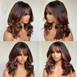 Ombre Colored Layered Cut Wavy Human Hair Wig With Bangs HD Invisible 13X4 Glueleee Lace Front Brazilian Human Hair Wig Bleached Knots Brown Mieed 27 Colored Loose Wave Bangs Wig 150 Density