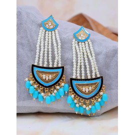Crunchy Fashion Bollywood Traditional Indian Wedding Gold-Plated White & Blue Pearl Pasa Earrings for women