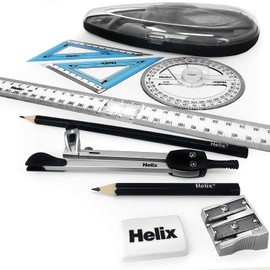 Helix Oracle Maths Set - 9 Piece Set - Set Square, Ruler, Compass, Pencils, Sharpener, Eraser and Protractor