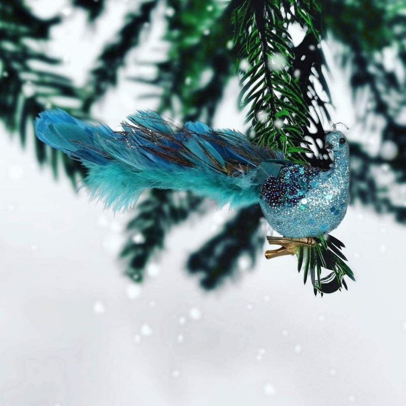 Glitter Blue Peacock Christmas Tree Ornaments with Clips 11inch Feathered