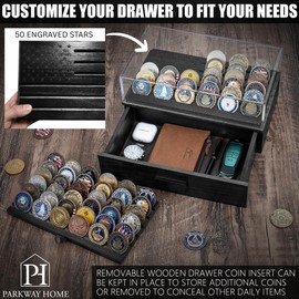 Parkway Home Black Military Challenge Coins Display Holder with American Flag,Solid Wood Challenge Coin Stand with Drawer,Challenge Coin Display Case for Collector, Military Coin Holder Rack for Desk