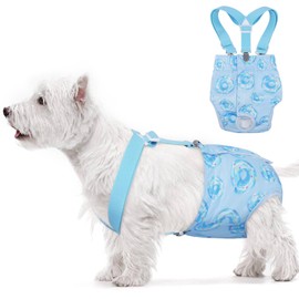 OUOBOB Dog Diapers Female with Suspender, Reusable Dog Diaper Female, Washable Doggie Diapers for Medium Doggy in Heat Cycle Period Incontinence, Boston Terrier, Pug (Blue M)