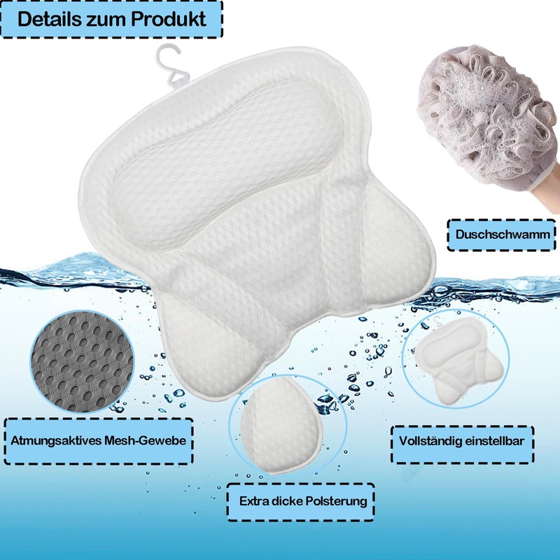 Bath Pillow, 4D Breathable Bath Pillow with 1 Shower Sponge,