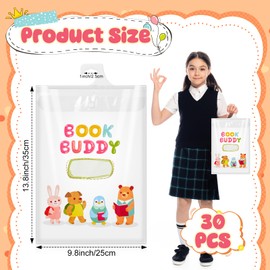 AmazingSpark 30 Pcs Kids Book Bags Hanging Storage Plastic Bags 13.8 x9.8 Inches Large Hook take Home Totes Back to School Gifts for Student Classroom Organizer