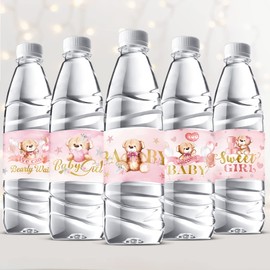 Clabby 39 Pieces Baby Shower Water Bottle Labels Shower Water Bottle Stickers Wrappers Waterproof Baby Shower Labels for Baby Shower Party Decoration (Pink)