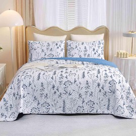 Nanko Quilt Set King Size 3 Pcs, Blue White Floral Leaf Spring Bedspreads, Soft Lightweight Coverlet Bed Spreads, Farmhouse Thin Quilted Comforter Flower Bedding Set for Women Girl, 104 x 90 Inch