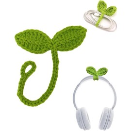 Green Cute Knitted Crochet Leaf Sprout, Handmade Crochet Plant Bookmark, Multi-Functional Cute Cable Tie, Funny Unique Leaf Headset Attachment, Bookmarks,Headphone Accessory Arts