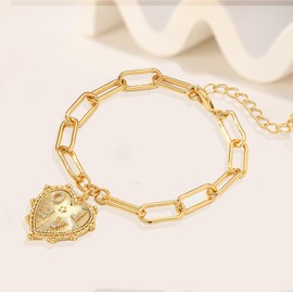 Dainty Heart Charm Bracelet 18K Gold Plated Chunky Bracelet Paperclip Chain Bracelet for Women