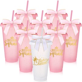 Jingmore 8 Set Birthday Party Glitter Tumblers 24 oz Birthday Squad Queen Plastic Tumblers with Lid Straw and Twist Bow for Squad Party Favor Decorations for Women (White,Pink)