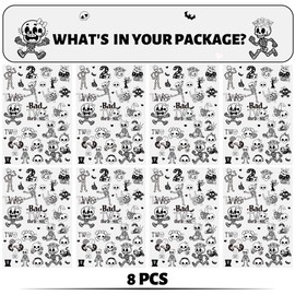Bad Two The Bone Temporary Tattoos - 8 Pcs Black Temporary Tiny Stickers Favors Skeleton Skull Vampire Fake Scary Tattoo for Kids 2nd Birthday Party Decorations Boys Adults Supplies