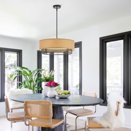 VANZARLA 4-Light Modern Farmhouse Chandelier for Dining Room, Rustic Chandelier with Fabric Shade, Drum Pendant Light for Entryway Bedroom Foyer Kitchen