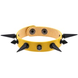 FM FM42 Women Yellow PU Simulated Leather Black-tone Long and Short Rivets Spike Spiked Punk Gothic Adjustable Bracelet, Pack of 2