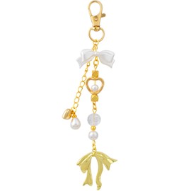 SmallCat Bow Heart Pearl Keychain, Beaded Purse Keychain Bag Charm for Women, Elegant Aesthetic Purse Charm for Bags, Clothes, DIY Crafts Decoration - 1pcs, Gold