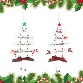 Wooden Christmas Hanging Decoration, 2 PCS Christmas Wooden Decorations, Large Wooden Christmas Tree Decorations Hanging Patterned Christmas Window Decorations, for Door, Room, Ceiling, Outdoor