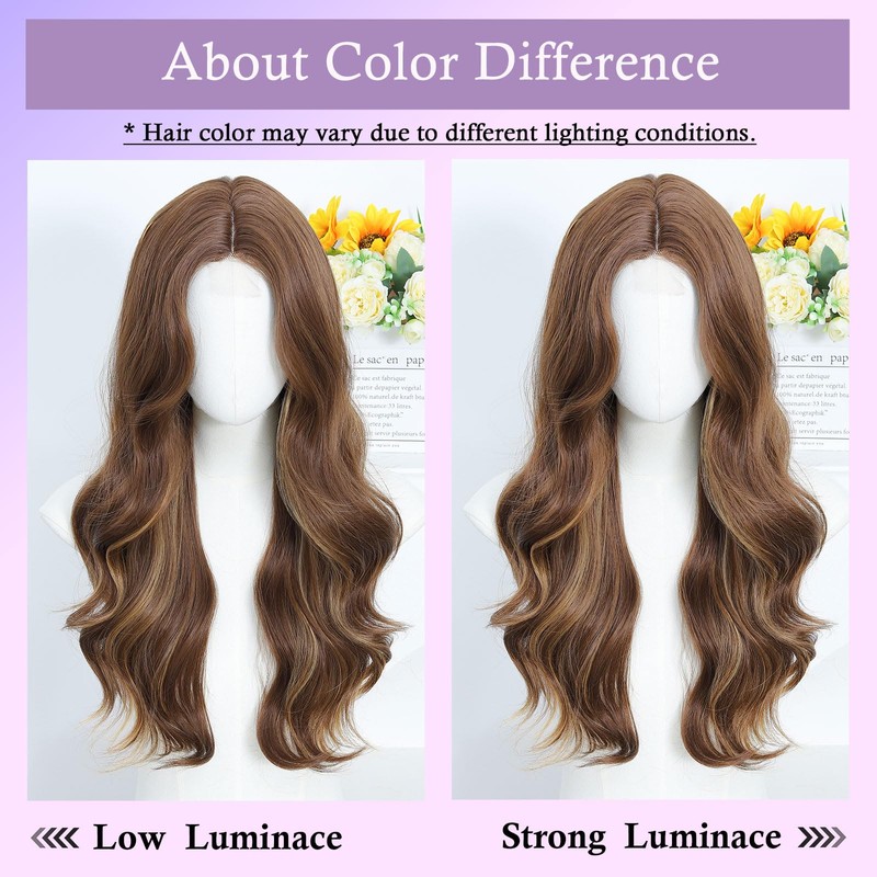 Brown Highlight Lace Front Wig 24 Inch Long Wavy Synthetic