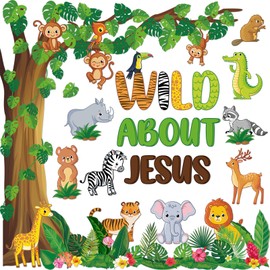 gisgfim Jungle Animals Tree Bulletin Board Set Classroom Decorations Back to School Safari Animal Leaves Cutouts Wild About Jesus Christian Wall Chalkboard Decor for Sunday School Teachers Supplies