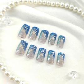 Medium Press on Nails Square Fake Nails with Gold Foil Gradient Designs Summer Nails Press ons Glossy Glue on Nails Dark Blue False Nails Cute Acrylic Nails Artificial Stick on Nails for Women 24Pcs