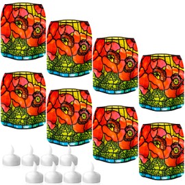 MODGY Luminary LED Lantern Candle Holder Decorative Indoor Outdoor Decor, Plastic Candle Lamps for Wedding Table Centerpiece Porch, Flameless Floating Candles, Poppies, Louis C. Tiffany, 2 Packs of 4