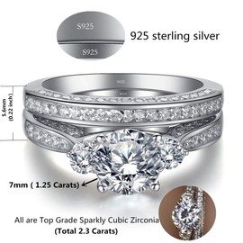 MABELLA His and Hers Wedding Ring Sets 3 Stone Womens Silver CZ Ring Set and Mens Stainless Steel Matching Wedding Band Women's Size 7 Men's Size 10