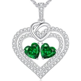 LOUISA SECRET Sparkling Double Heart Birthstone Necklaces for Women, 925 Sterling Silver Fine Jewelry, Pendant Heart Necklaces Birthday Anniversary Christmas Gift for Women Wife Mom Girlfriend Lady