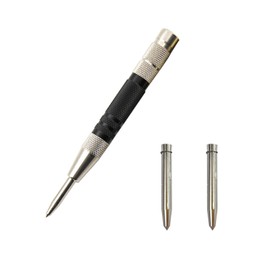 GCFTIFF Automatic Center Punch for Metal,Spring Loaded Center Punch Tool with 2 Extra Replacement Tip,Handed Spring Puncher for Wood,Plastic,Stainless Steel (6'' Black)