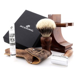 Jag Shaving Set - Sustainable 4-Piece Wooden Shaving Set - Silver-Tip Badger Hair Shaving Brush - Double Edge Razor Blades Safety Razor - Safety Razor - Leather Bag for Safety Razor