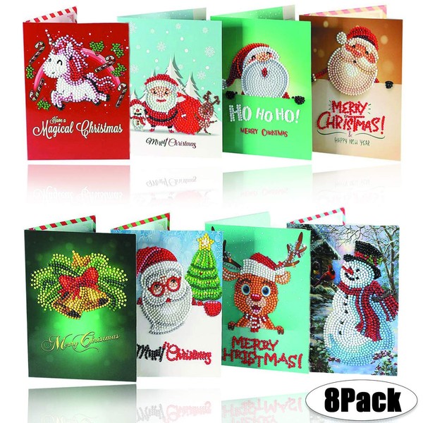 Zariocy 8 Pack Christmas New Year Greeting Cards 5D DIY Painted Diamond Paintings Round Diamond Crystals, Handicrafts for Beginners Gifts for Family and Friends During The Holiday Season